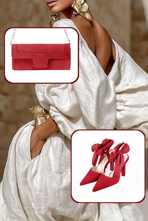 Dress closed-toe heels ankle scarf in cardinal red and scarlet red leather with high slim heels and pointed toe - Worn view